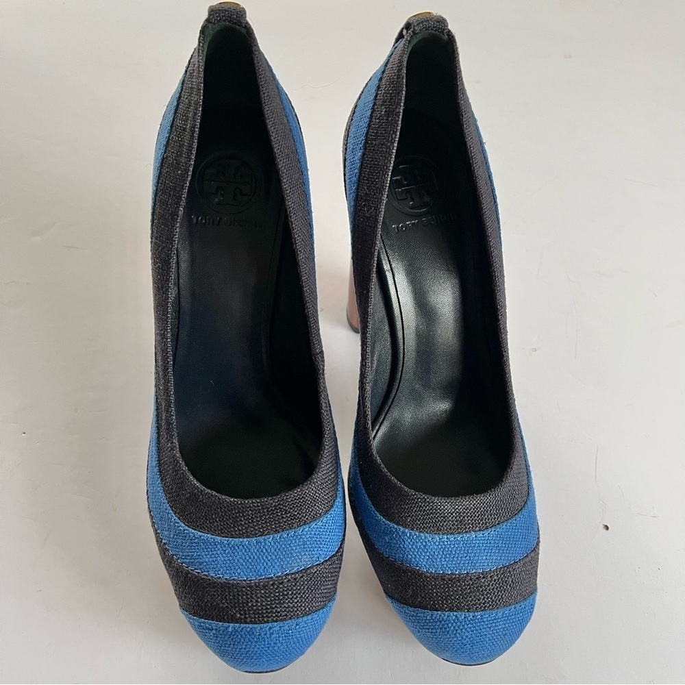 Tory Burch Joelle Blue Striped Wood Platform Wood Heel Fabric Pumps - Picture 4 of 15